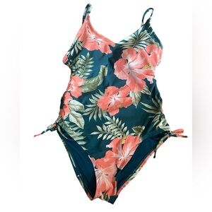 Kona Sol Women’s One Piece Side-Tie Swimsuit Green Tropical Size Small